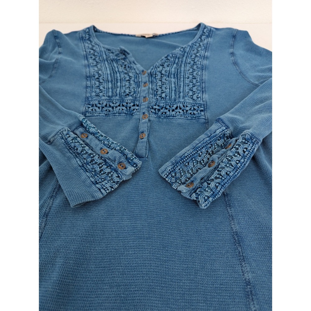 Lucky Brand Womens XL Blue Waffle Knit Thermal Henley Top Crochet Lace Detail - Picture 2 of 9